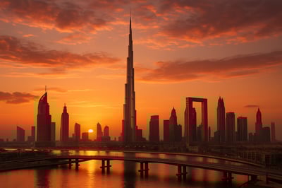 Dubai skyline at sunset with iconic landmarks