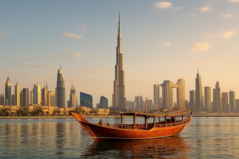 Dubai skyline with Burj Khalifa and traditional dhow boat