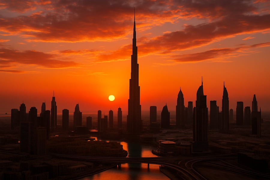 Dubai skyline with Burj Khalifa at sunset