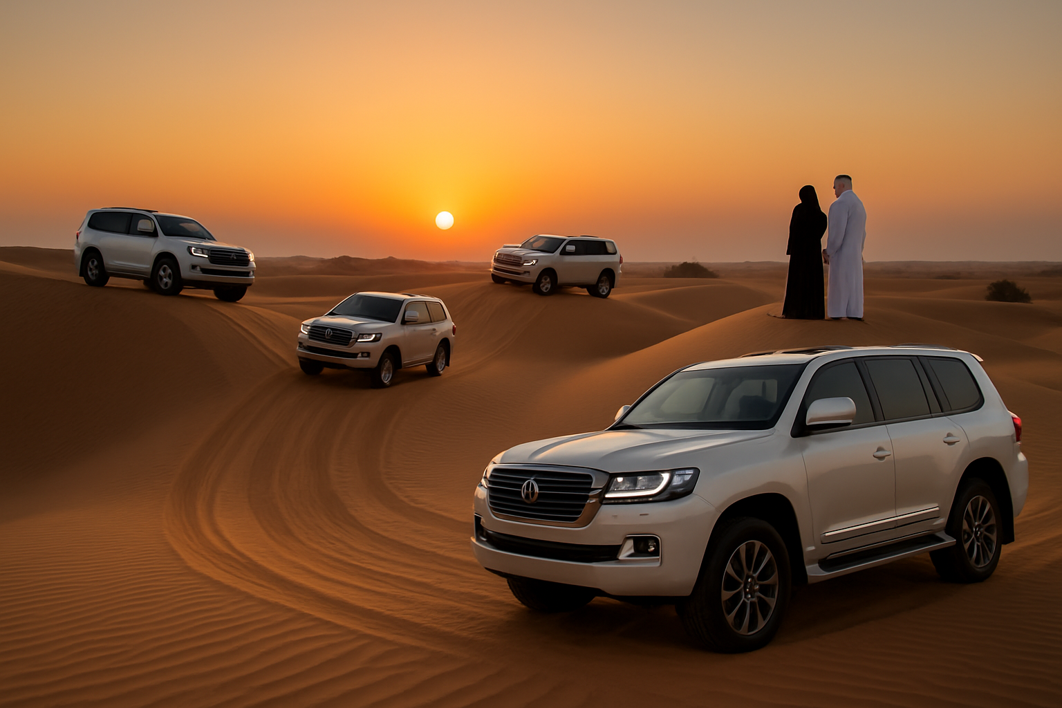 Luxury desert safari experience in Dubai with 4x4 vehicles and sunset views