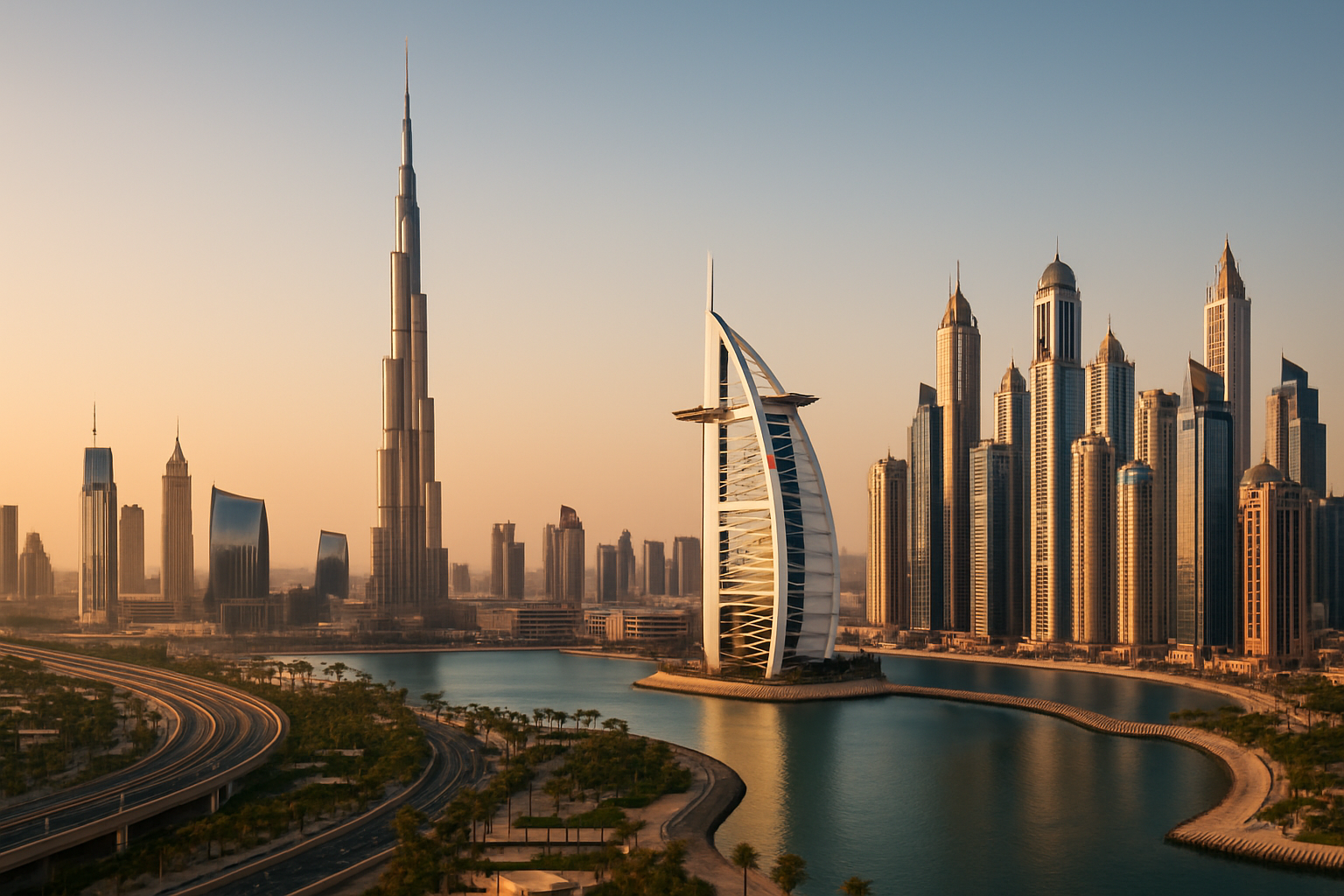 Luxury Dubai cityscape with iconic landmarks